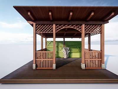 Wooden Pavilion With Latticed Structure Wooden Roof Railings Deck And Green Backdrop Sculpture 3d model