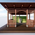 Wooden Pavilion With Latticed Structure Wooden Roof Railings Deck And Green Backdrop Sculpture