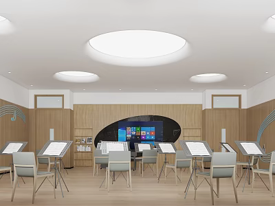 Book Art Studio Interior with Drawing Boards Wooden Walls Circular Windows and Tables Chairs 3d model
