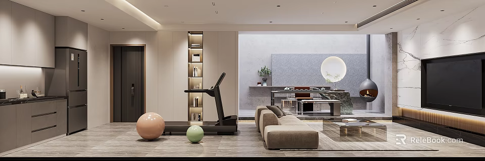 Modern Basement Interior With Treadmill Exercise Balls Sofa Round Mirror And Plants 3d model 