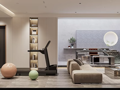 Modern Basement Interior With Treadmill Exercise Balls Sofa Round Mirror And Plants 3d model