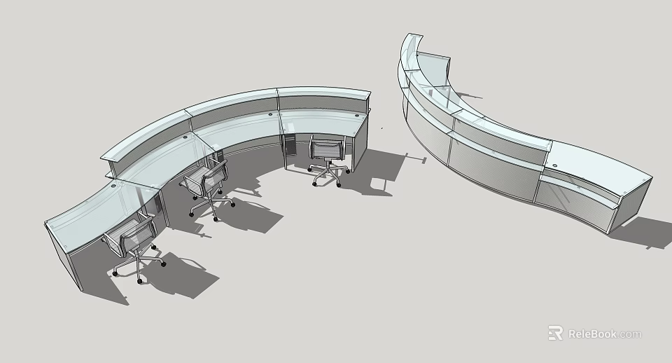 Modern Curved Office Desk With Multiple Workstations And Ergonomic Office Chairs 3d model