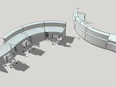 Modern Curved Office Desk With Multiple Workstations And Ergonomic Office Chairs 3d model