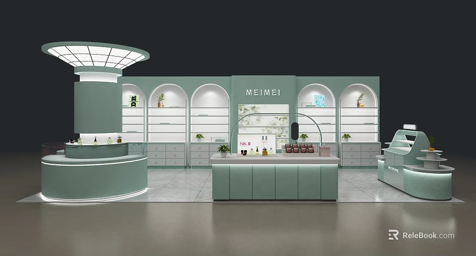 MEIMEI Cosmetics Store Interior With Green Counters Shelves And Plant Decorations 3d model 