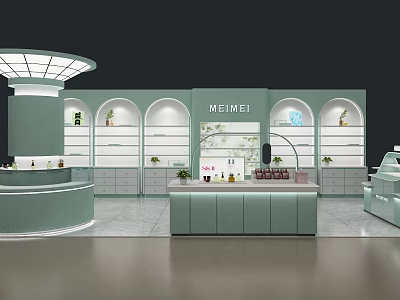 MEIMEI Cosmetics Store Interior With Green Counters Shelves And Plant Decorations 3d model