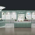 MEIMEI Cosmetics Store Interior With Green Counters Shelves And Plant Decorations