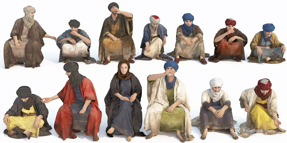 Group of People in Traditional Clothing with Various Seated and Standing Poses 3d model 