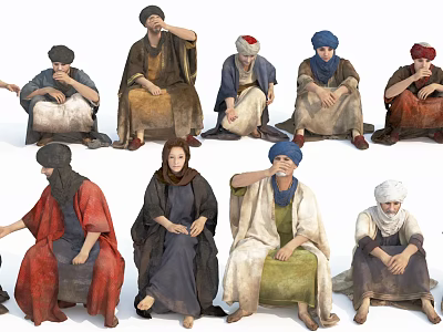 Group of People in Traditional Clothing with Various Seated and Standing Poses 3d model