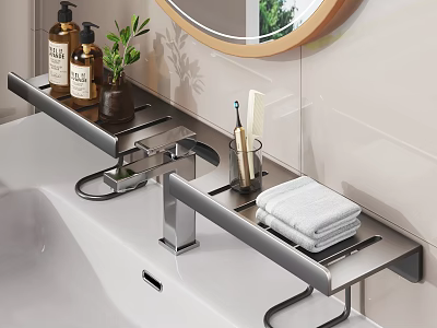 Modern Bathroom Shelf With Liquid Soap Green Plant Toothbrush And Towel 3d model