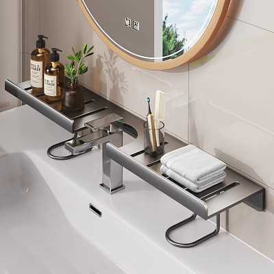Modern Bathroom Shelf With Liquid Soap Green Plant Toothbrush And Towel 3d model