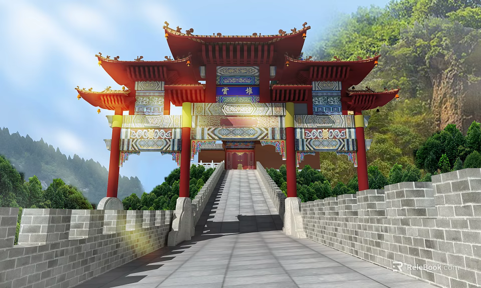 Ancient Chinese Traditional Gate Architecture Featuring Red Pillars Ornate Roof Stone Stairs And Brick Walls 3d model 
