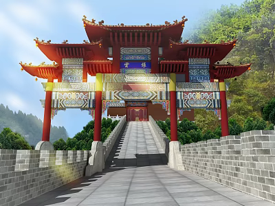 Ancient Chinese Traditional Gate Architecture Featuring Red Pillars Ornate Roof Stone Stairs And Brick Walls 3d model