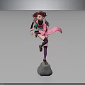 3D Anime Character With Pink Hair Green Top Purple Outfit And Pink Sash On Rock