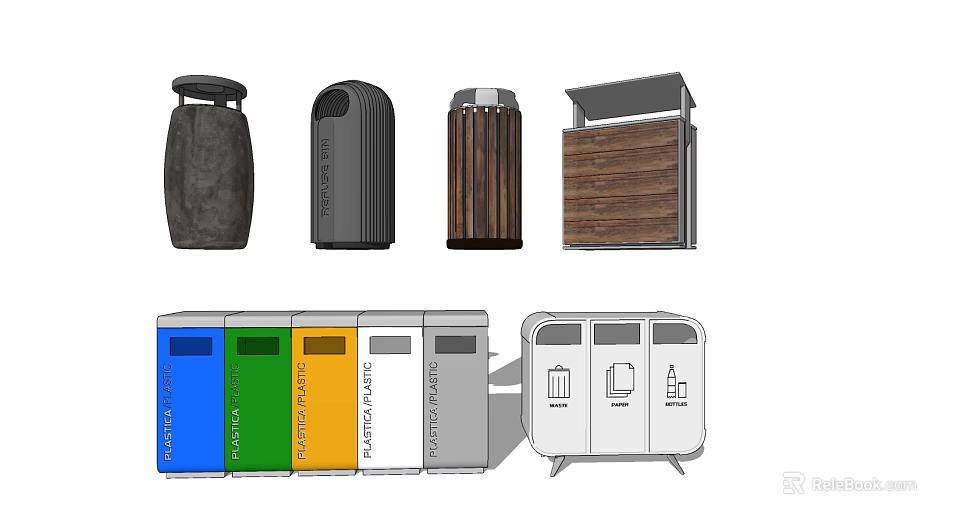 Public Trash And Recycling Bins With Multiple Color Categories For Facilities Use 3d model 