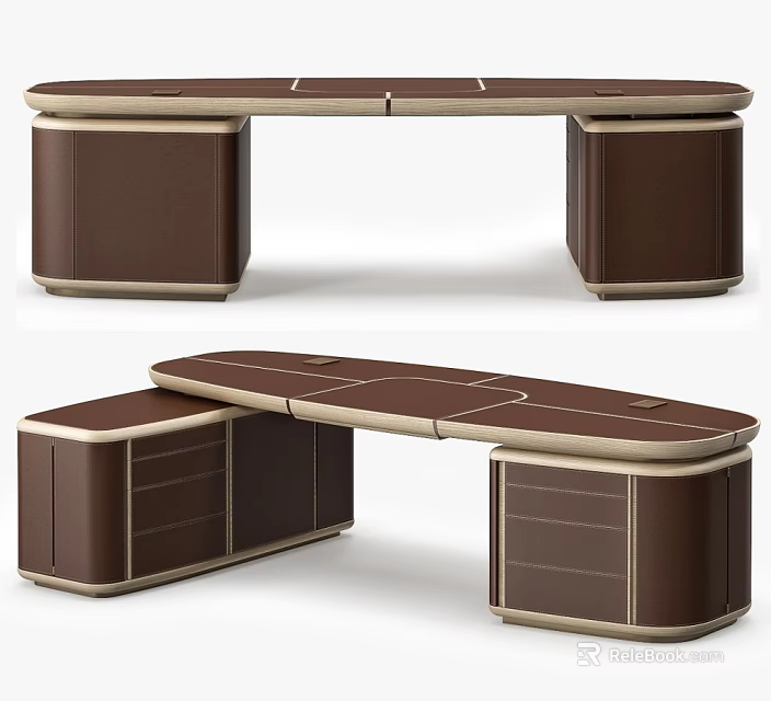 Modern Brown Leather Office Desk With Curved Top Storage Drawer And Light Trim 3d model 