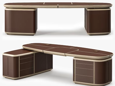 Modern Brown Leather Office Desk With Curved Top Storage Drawer And Light Trim 3d model