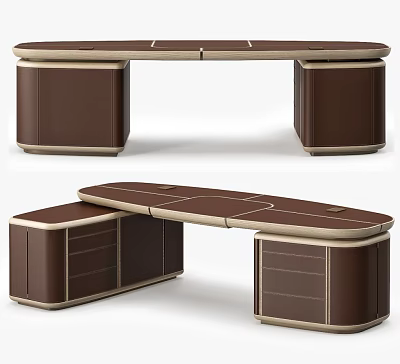 Modern Brown Leather Office Desk With Curved Top Storage Drawer And Light Trim 3d model