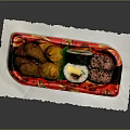 Assorted Japanese Sushi And Fried Items On Red Tray With White Paper