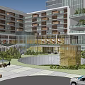 Modern Commercial Street Featuring Retail Shops Pedestrians Benches Fountains and Greenery