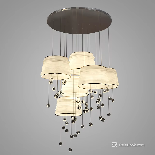 Modern Multi Shade Chandelier With White Fabric Lampshades And Hanging Beads 3d model 