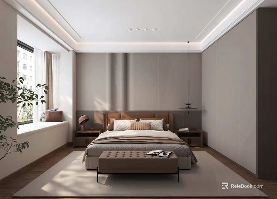 Modern Bedroom Interior Design With Bed Nightstands Wardrobe Pendant Light Rug And Window Plant 3d model 