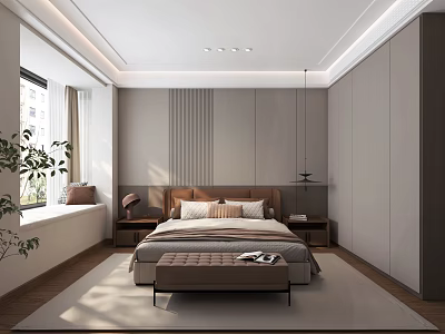 Modern Bedroom Interior Design With Bed Nightstands Wardrobe Pendant Light Rug And Window Plant 3d model