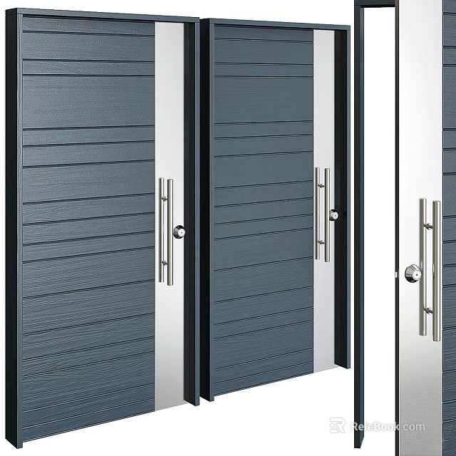 Dark Blue Swing Doors Featuring Vertical Stripes And Silver Metal Frames Handles 3d model