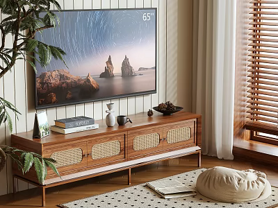Wooden TV Stand With Rattan Door Panels 65 Inch TV Indoor Plants And Window Blinds 3d model