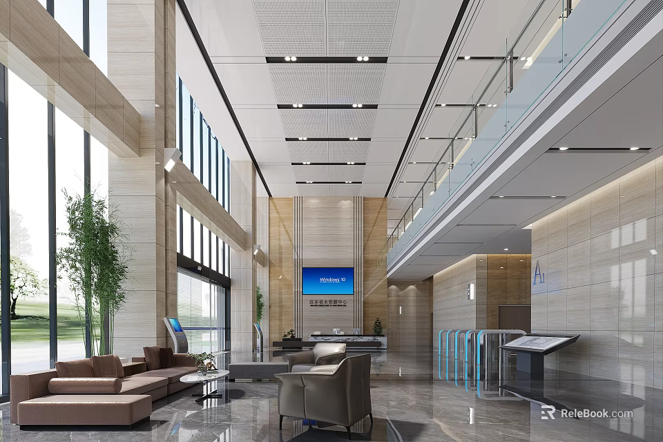 Modern Service Hall Interior With Large Windows Green Plants Sofas And Reception Desk 3d model 