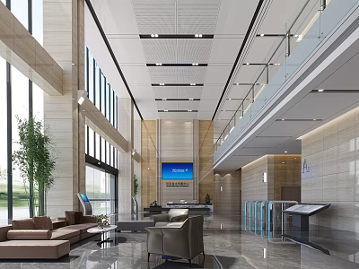 Modern Service Hall Interior With Large Windows Green Plants Sofas And Reception Desk 3d model