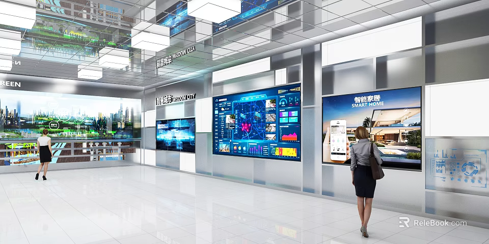 Hi Tech Exhibition Hall With Large Screens Data Charts Cityscape And Visitor Walking 3d model 