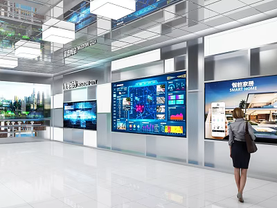 Hi Tech Exhibition Hall With Large Screens Data Charts Cityscape And Visitor Walking 3d model