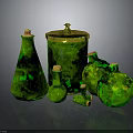 Green Glassware Collection With Various Shapes And Wooden Stoppers For Decor And Storage