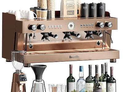 Commercial Coffee Equipment With Espresso Machine Coffee Cups Beans Grinder And Wine Bottles 3d model