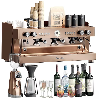 Commercial Coffee Equipment With Espresso Machine Coffee Cups Beans Grinder And Wine Bottles 3d model