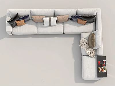 Modern Light Gray L Shaped Fabric Sofa Set With Side Table And Decorative Throw Pillows 3d model
