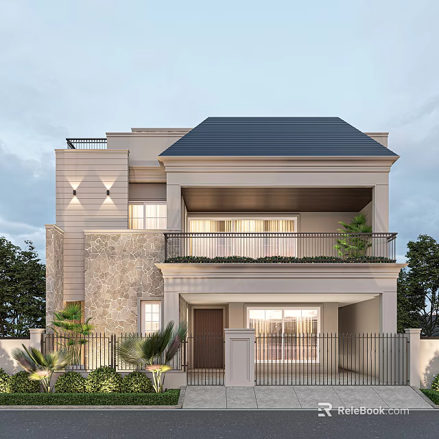 Detached Villa Exterior With Balcony Railing Green Plants And Trees 3d model 