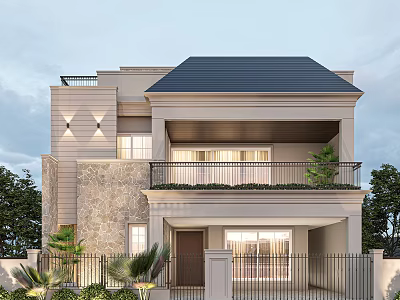 Detached Villa Exterior With Balcony Railing Green Plants And Trees 3d model