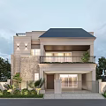 Detached Villa Exterior With Balcony Railing Green Plants And Trees