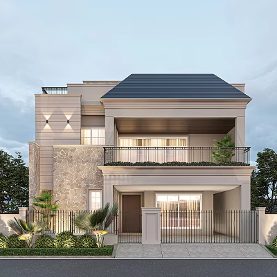 Detached Villa Exterior With Balcony Railing Green Plants And Trees 3d model