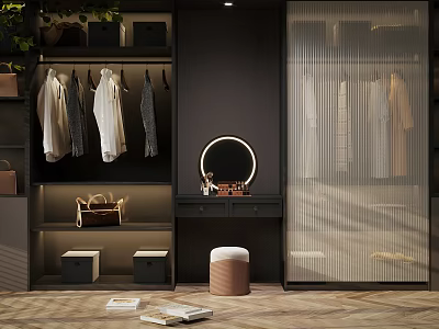 Modern Walk in Closet Interior Design With Hanging Clothes Round Mirror And Storage Drawers 3d model