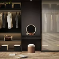 Modern Walk in Closet Interior Design With Hanging Clothes Round Mirror And Storage Drawers