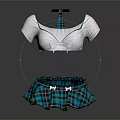 Fashionable White Short Sleeve Top with Blue Bow and Plaid Ruffled Skirt