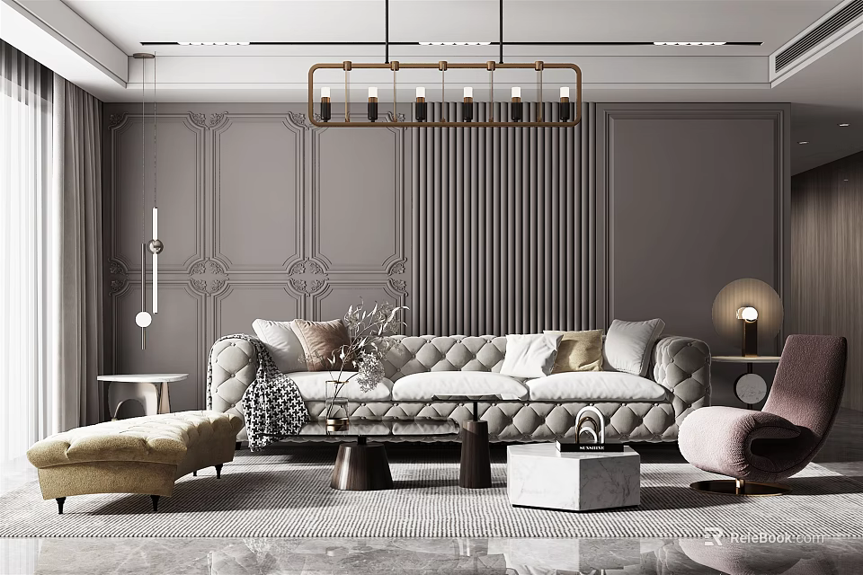 Elegant Modern Living Room Interior Design With Tufted Sofa Throw Pillows Chandelier And Paneled Walls 3d model 
