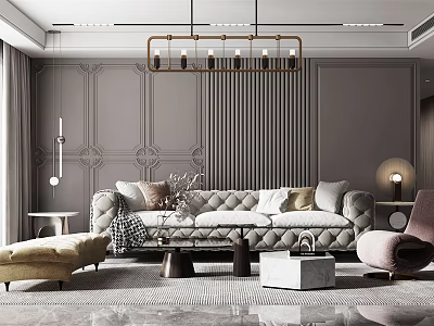 Elegant Modern Living Room Interior Design With Tufted Sofa Throw Pillows Chandelier And Paneled Walls 3d model