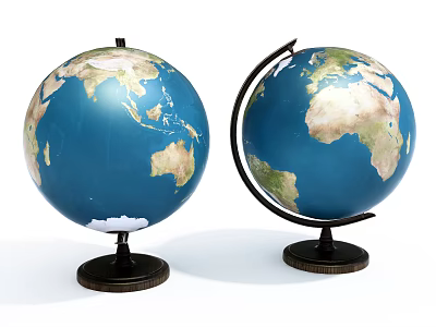 Decorative Globe Ornament Set With Two Blue Earth Models On Black Bases 3d model
