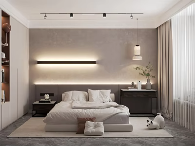 Modern Minimalist Bedroom With Wall Lighting Bedside Tables Pendant Light Curtains And Cat On Rug 3d model