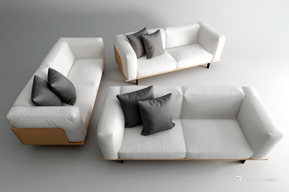 Modern White Two Seater Sofa Featuring Gray Cushions And Wooden Base 3d model 