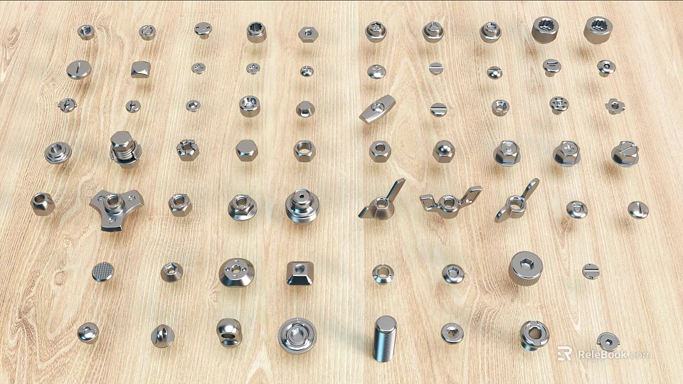 Various Metal Fasteners Including Bolts And Nuts Arranged On Wooden Surface 3d model 