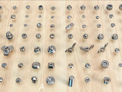 Various Metal Fasteners Including Bolts And Nuts Arranged On Wooden Surface 3d model